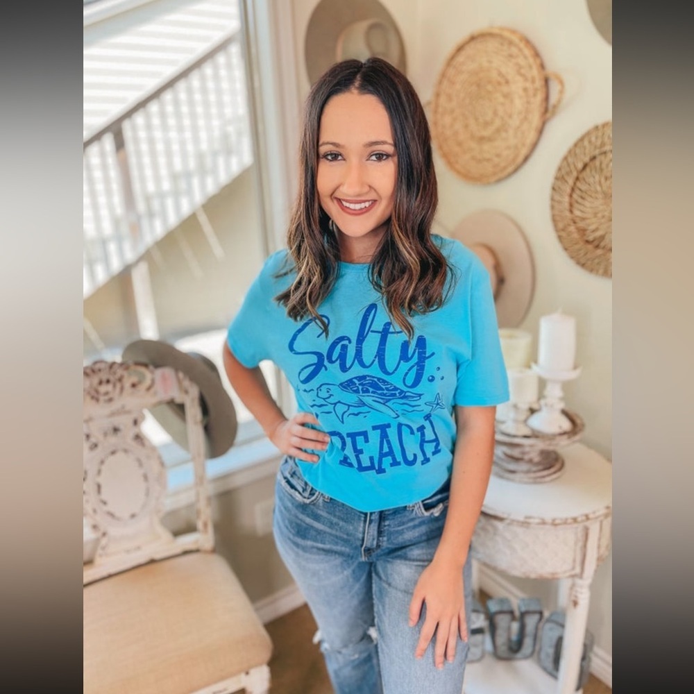NEW Delta Soft Salty Beach Sea Turtle Graphic T-Shirt Turquoise Blue Short Sleev